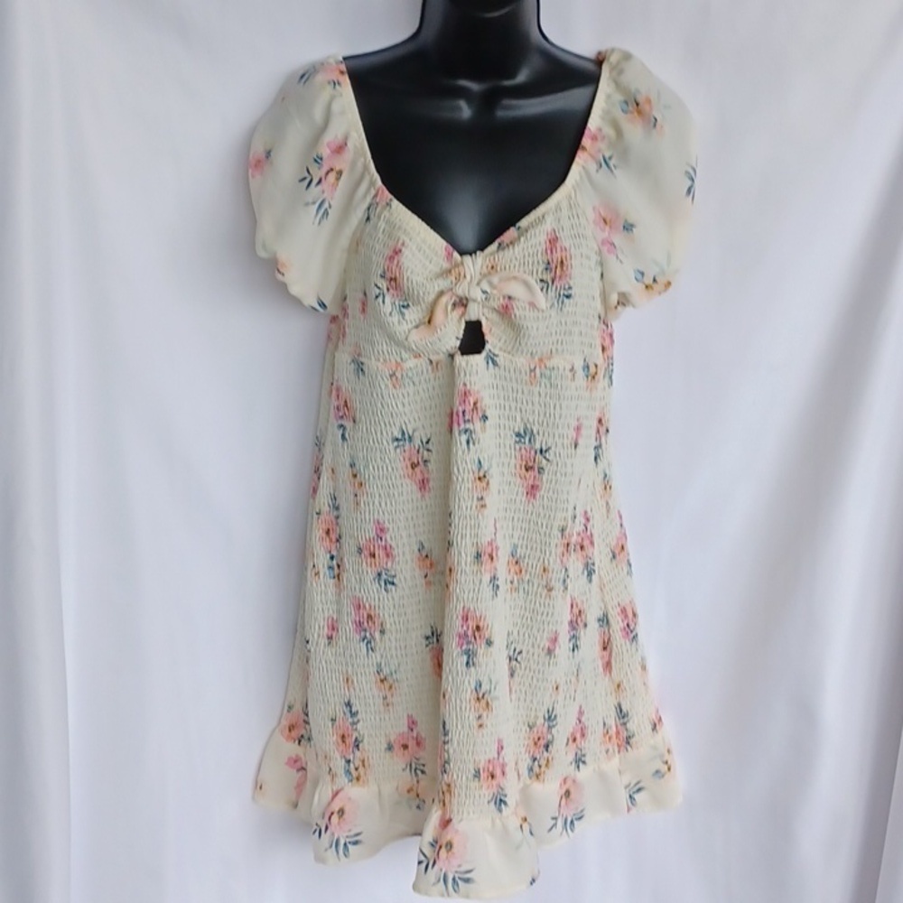 Madden NYC Smocked Floral Ruffle Chiffon Dress, Cream, Pink, 18" PTP, 31" L